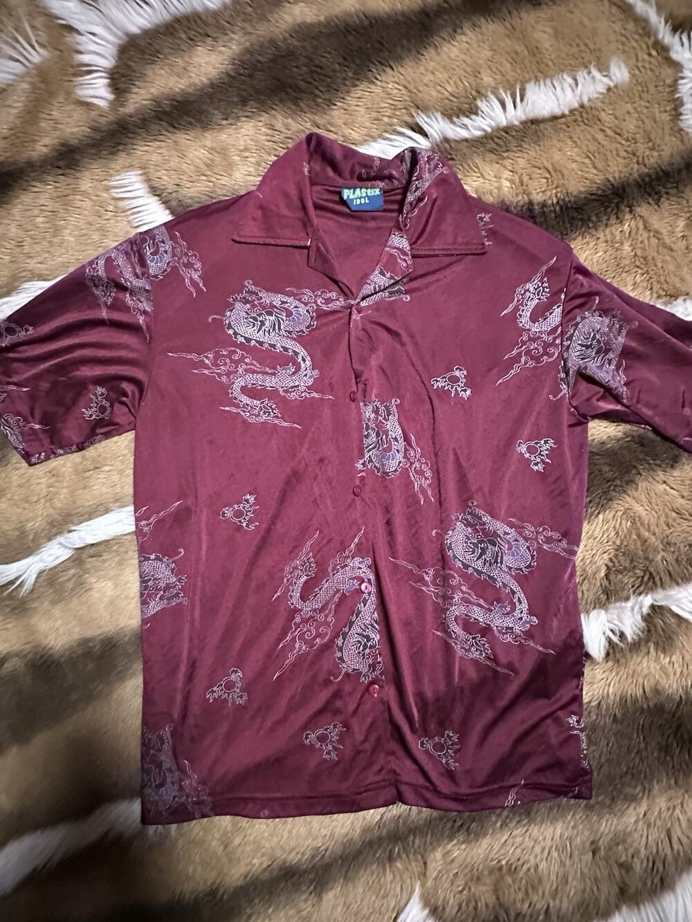 Y2K Plastix Idol Dragon Camp Shirt Mens Medium Burgundy Satin Button Up USA